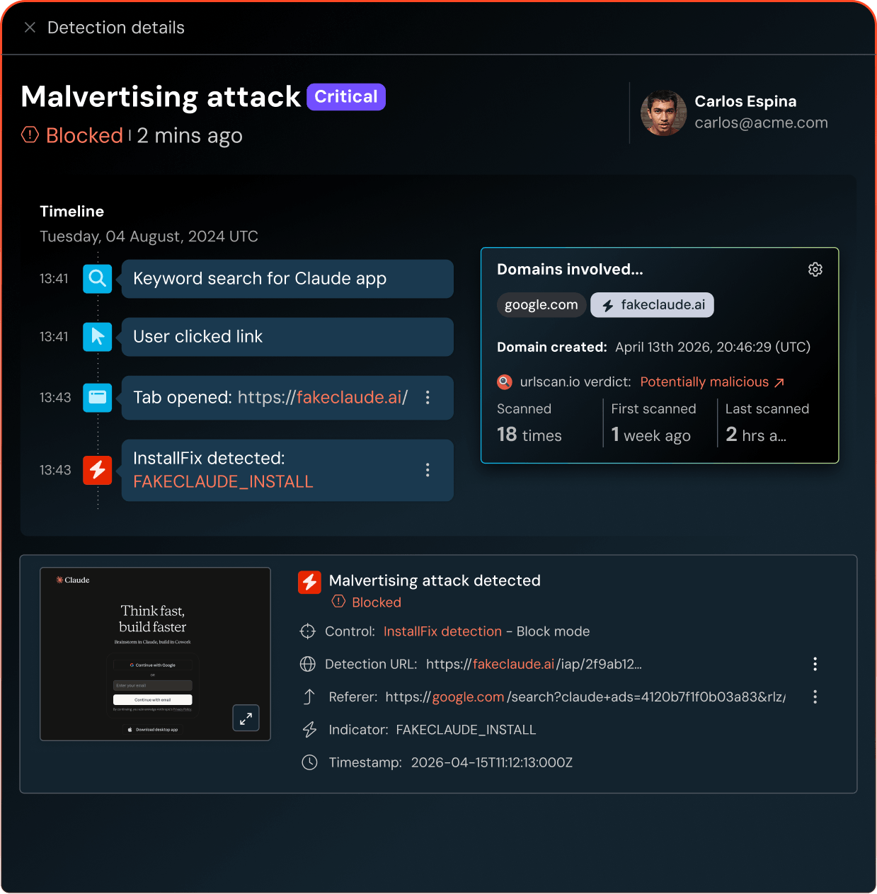 example malvertising attack details shown in the Push dashboard